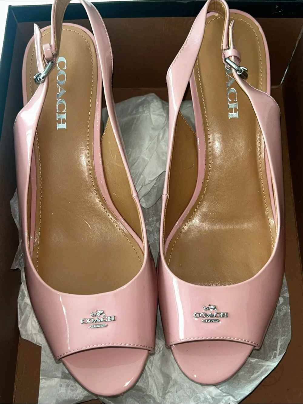 Coach Blush Pink Patent Cork Wedge Slingback Sandals